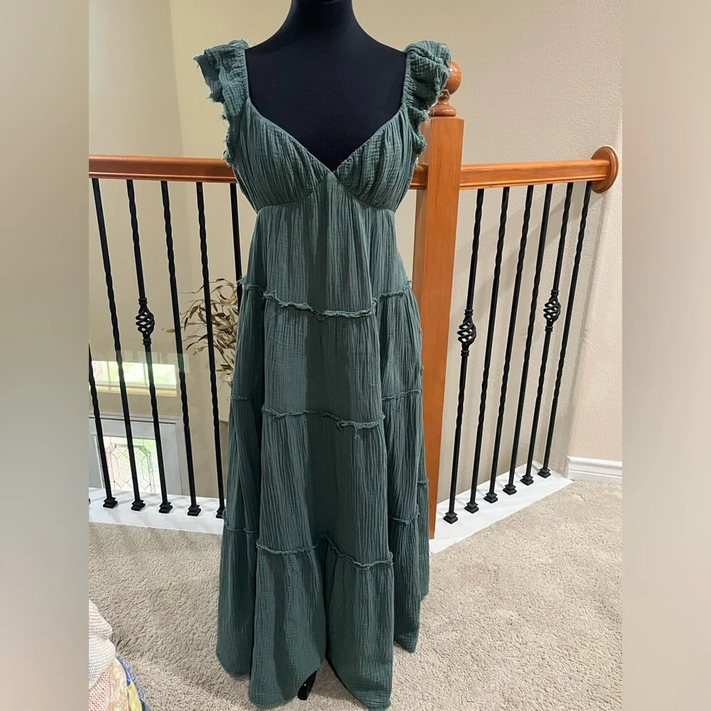 FREE THE ROSES Ruffled Sleeve Gauze Maxi PEASANT Dress - Sage Green SIZE S - Picture 3 of 8